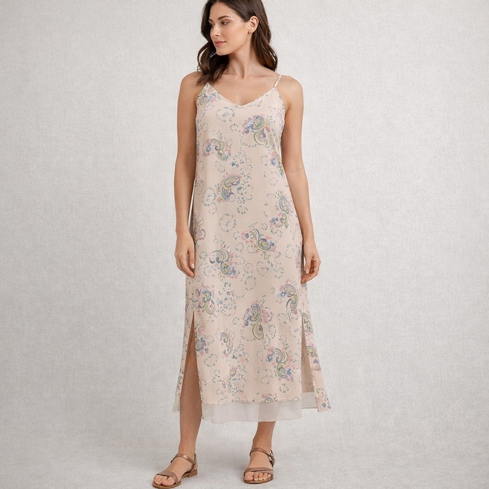 English Factory Peach Pastel Paisley Slip Dress Size Small Boho Side Slits Lined